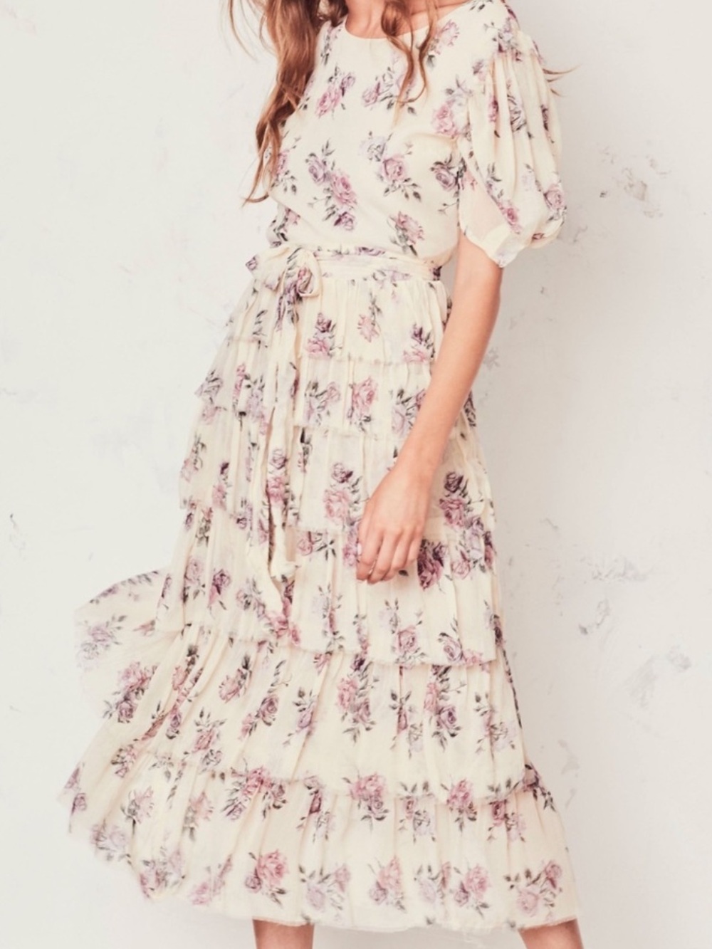 LoveShackFancy Cream Midi Dress with Pink Floral Print